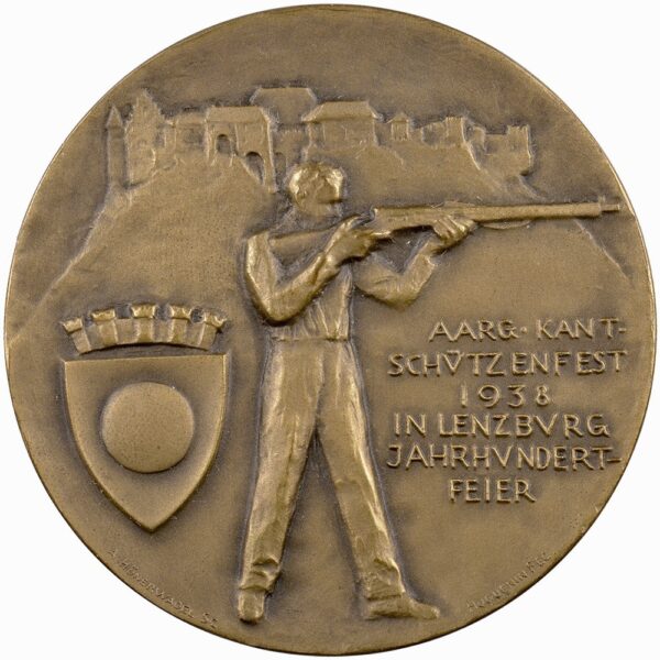6322_1 Aargau, Lenzburg, Kantonales Schützenfest, 1938, unz/stgl, Bronze