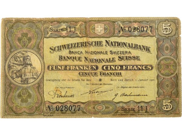5 Franken, 1921, Wilhelm Tell, gebraucht - > 50%