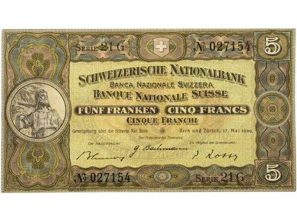 5 Franken, 1939, Wilhelm Tell, leichte Gebrauchsspuren, 90%