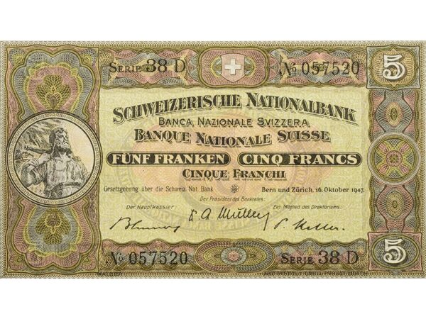 70082_1 5 Franken, 1947, Wilhelm Tell, wenig gebraucht - > 75%
