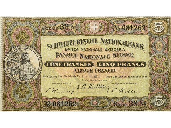 70083_1 5 Franken, 1947, Wilhelm Tell, leichte Gebrauchsspuren, 90%