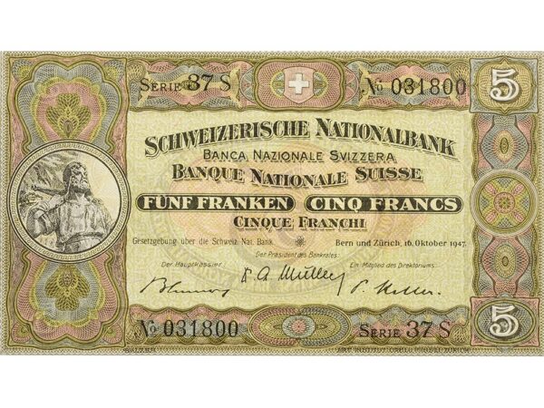 5 Franken, 1947, Wilhelm Tell, ungebraucht, bankfrisch - 100%