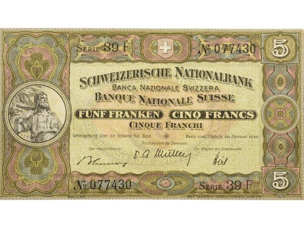 70088_1 5 Franken, 1949, Wilhelm Tell, leichte Gebrauchsspuren, 90%