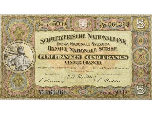70093_1 5 Franken, 1951, Wilhelm Tell, leichte Gebrauchsspuren, 90%
