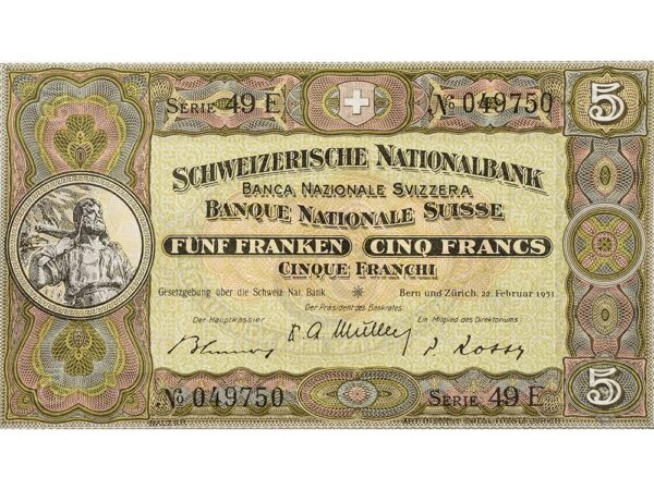 70094_1 5 Franken, 1951, Wilhelm Tell, ungebraucht, bankfrisch - 100%