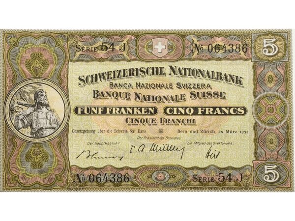 70099_1 5 Franken, 1952, Wilhelm Tell, ungebraucht, bankfrisch - 100%