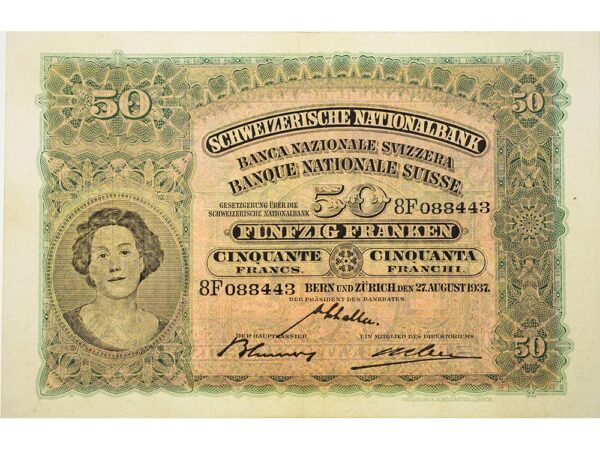 70223_1 50 Franken, 1937, Holzfäller, leichte Gebrauchsspuren - > 90%
