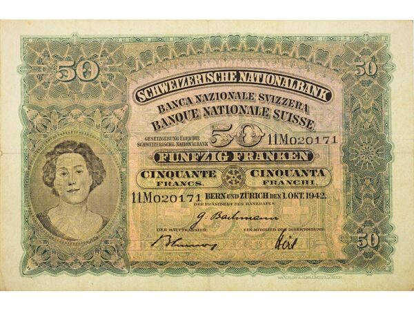 70247_1 50 Franken, 1942, Holzfäller, leichte Gebrauchsspuren, 90%