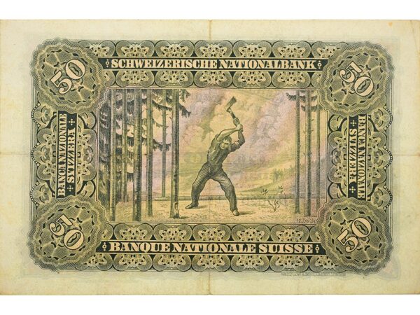70247_2 50 Franken, 1942, Holzfäller, leichte Gebrauchsspuren, 90%