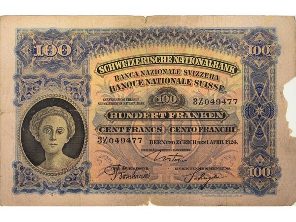 100 Franken, 1924, Mäher, stark gebraucht - > 25%