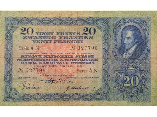 70534_1 20 Franken, 1931, Heinrich Pestallozzi, gebraucht - > 50%