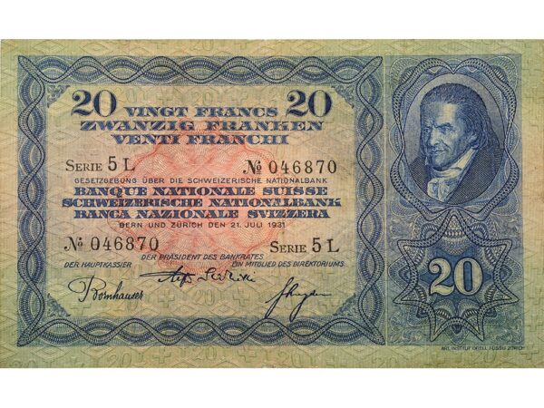 70535_1 20 Franken, 1931, Heinrich Pestallozzi, wenig gebraucht - > 75%