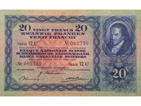 70564_1 20 Franken, 1939, Heinrich Pestallozzi, wenig gebraucht - > 75%