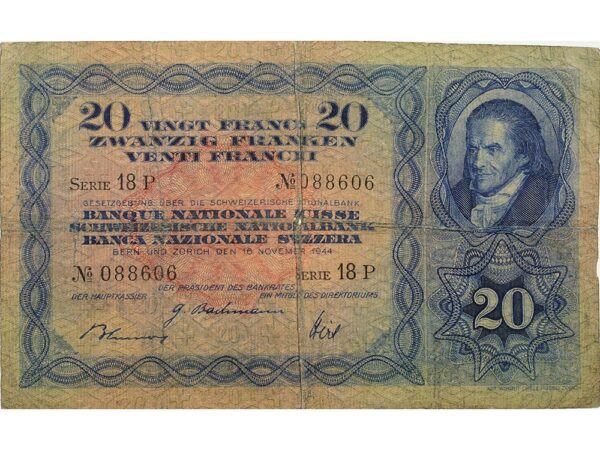 20 Franken, 1944, Heinrich Pestallozzi, gebraucht - > 50%