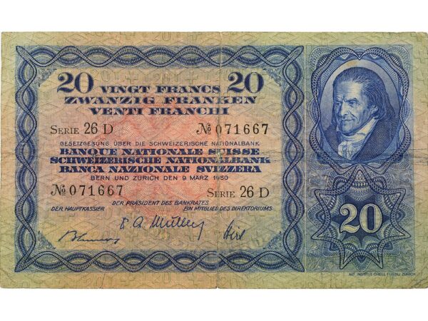 70598_1 20 Franken, 1950, Heinrich Pestallozzi, gebraucht - > 50%
