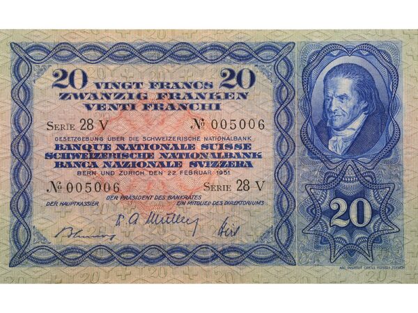 70604_1 20 Franken, 1951, Heinrich Pestallozzi, wenig gebraucht - > 75%