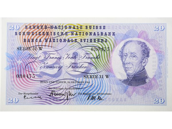 20 Franken, 1961, General Dufour, ungebraucht, bankfrisch - 100%