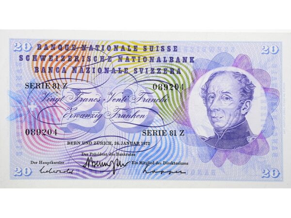 20 Franken, 1972, General Dufour, ungebraucht, bankfrisch - 100%