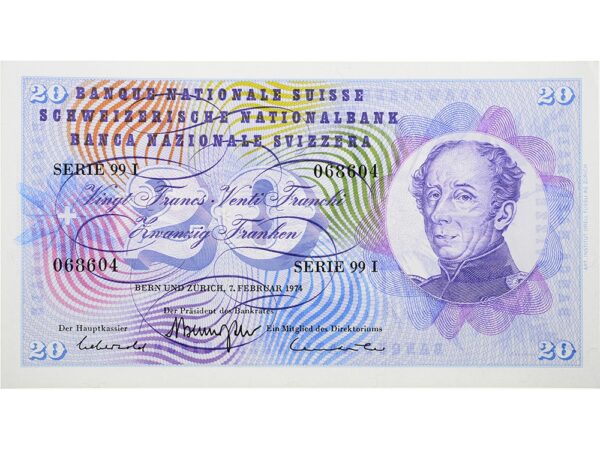 20 Franken, 1973, General Dufour, ungebraucht, bankfrisch - 100%