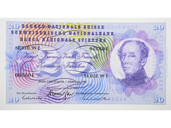20 Franken, 1974, General Dufour, ungebraucht, bankfrisch - 100%